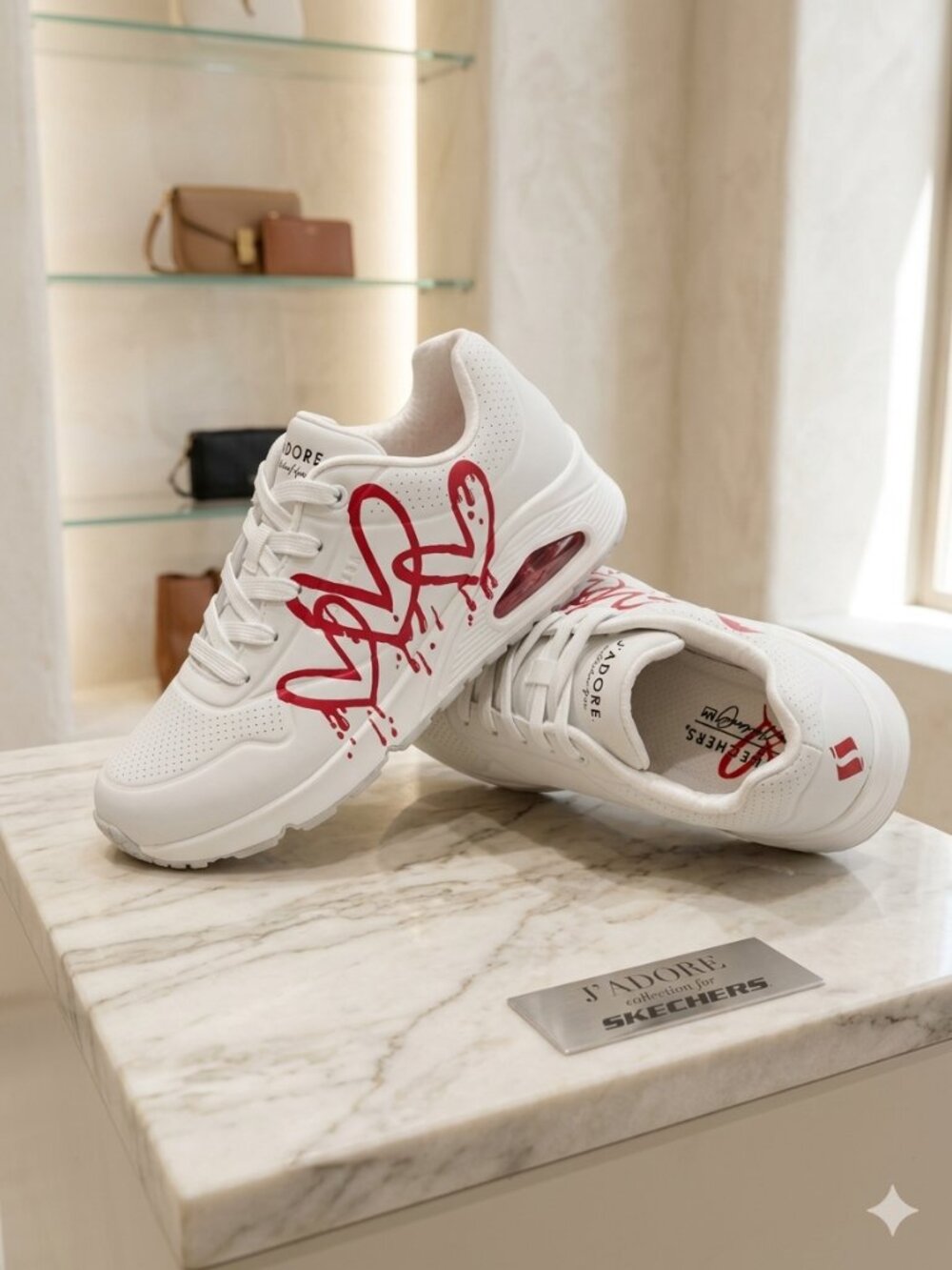 Skechers White Chunky Sneakers with Red Drip Heart Graphic